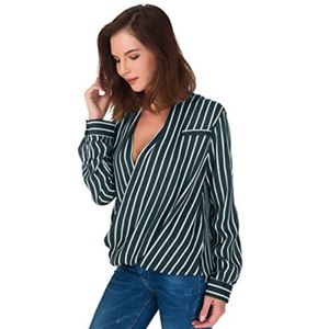 Women’s Striped Chiffon Blouse Dark Green/White